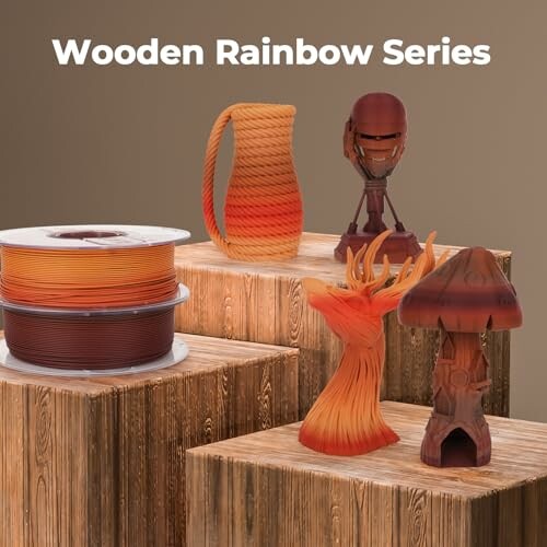 3D printed objects in wood tones with filament spools.